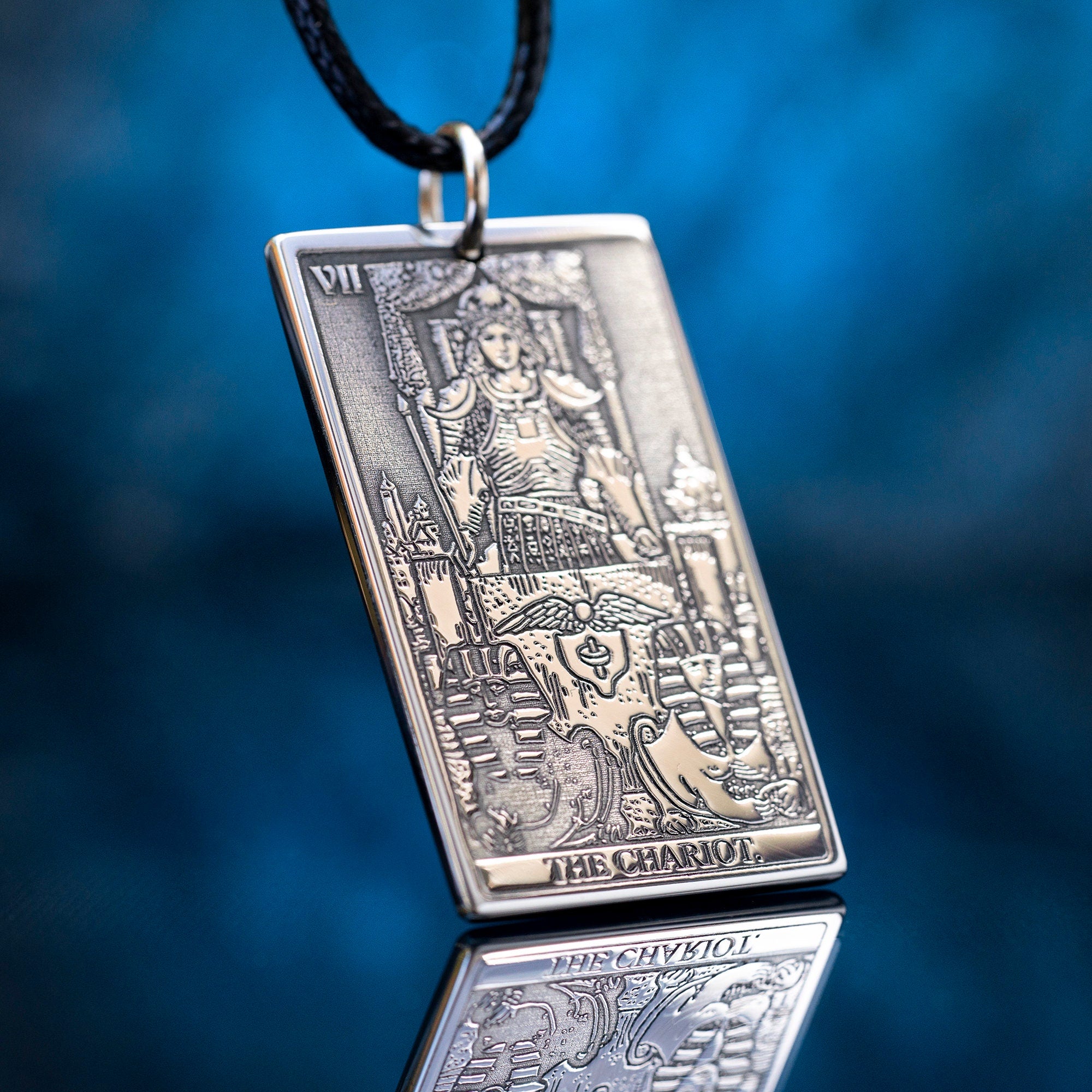 The Chariot Tarot Card Pendant: Stainless Steel Occult Amulet
