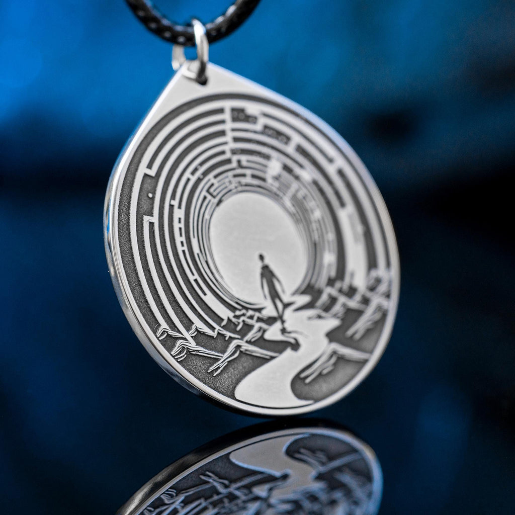 Labyrinth of Life Stainless Steel Amulet Pendant: Kabbalah Occult Talisman