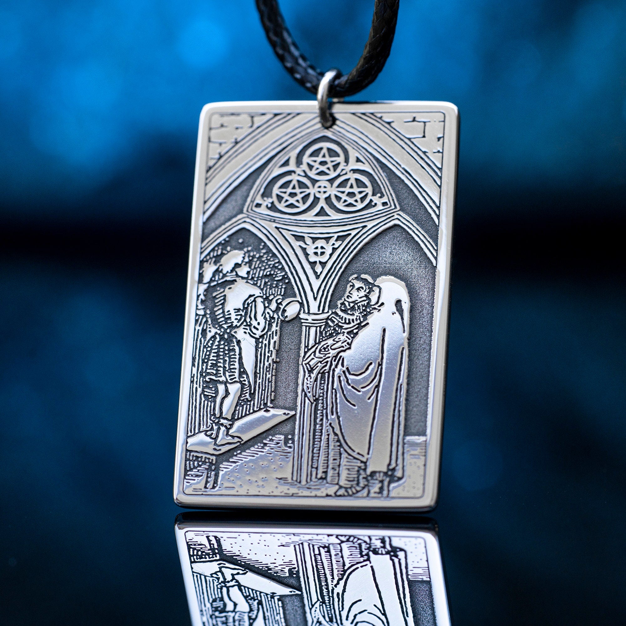 Three of Pentacles Tarot Card Pendant: High Arcana Occult Amulet