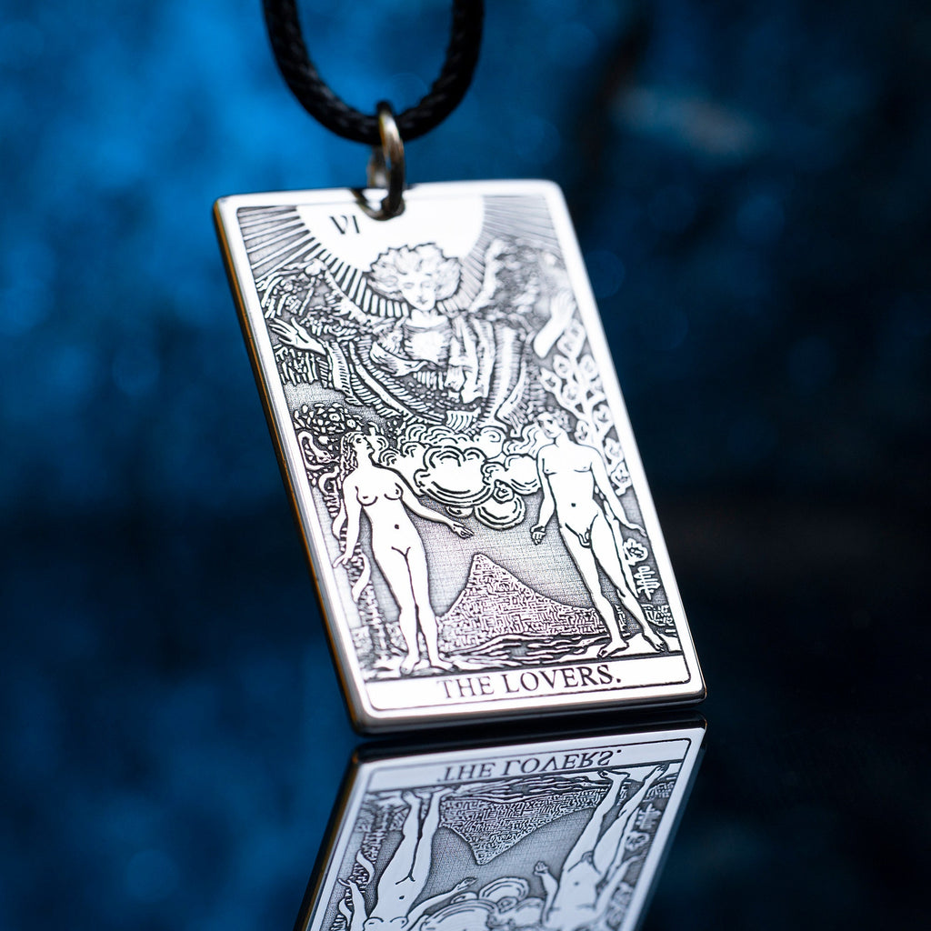 The Lovers Tarot Card Pendant: Stainless Steel Occult Amulet