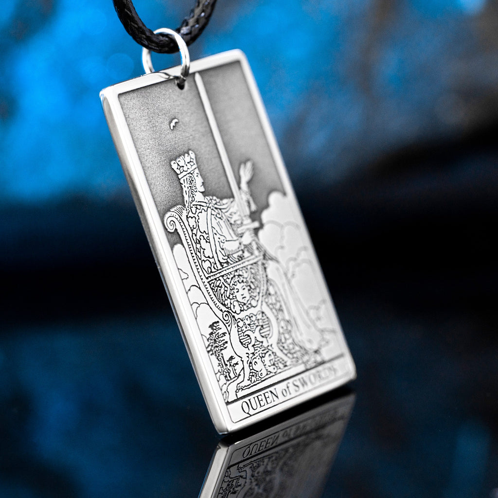 Queen of Swords Tarot Card Pendant: Stainless Steel Occult Amulet