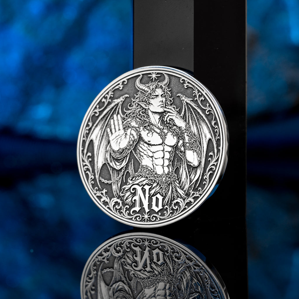 Double-sided angel demon decision coin with Yes and No sides for oracle-style choices