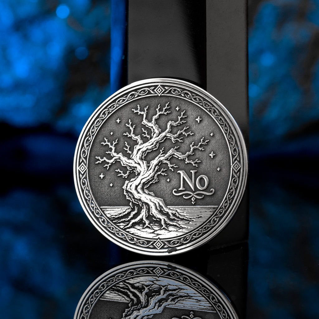 Double-sided tree decision coin with Yes and No sides symbolizing growth, decay, life, and fate