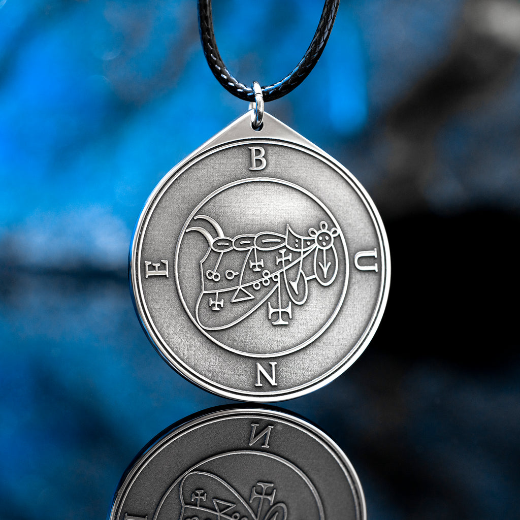 Bune seal pendant with Goetia demon sigil engraved on a dark occult amulet necklace