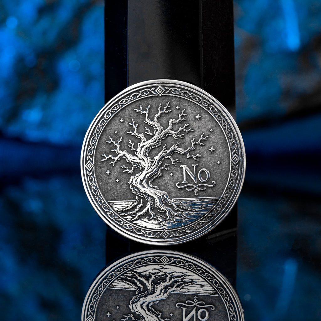 Double-sided tree decision coin with Yes and No sides symbolizing growth, decay, life, and fate