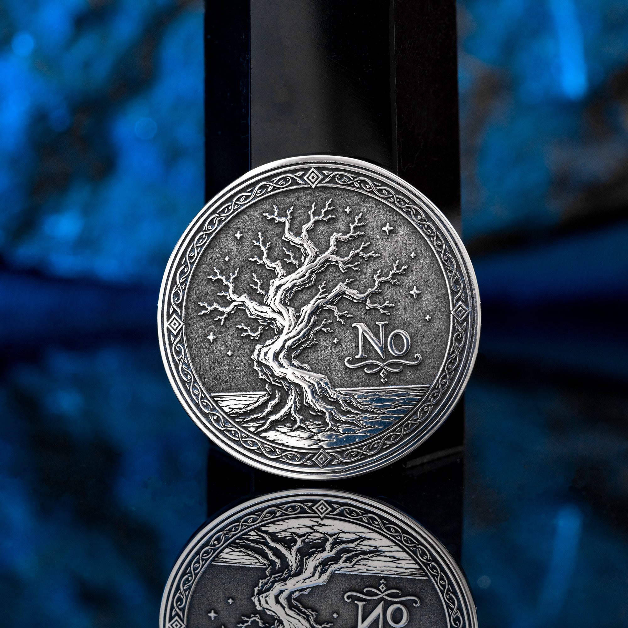 Double-sided tree decision coin with Yes and No sides symbolizing growth, decay, life, and fate