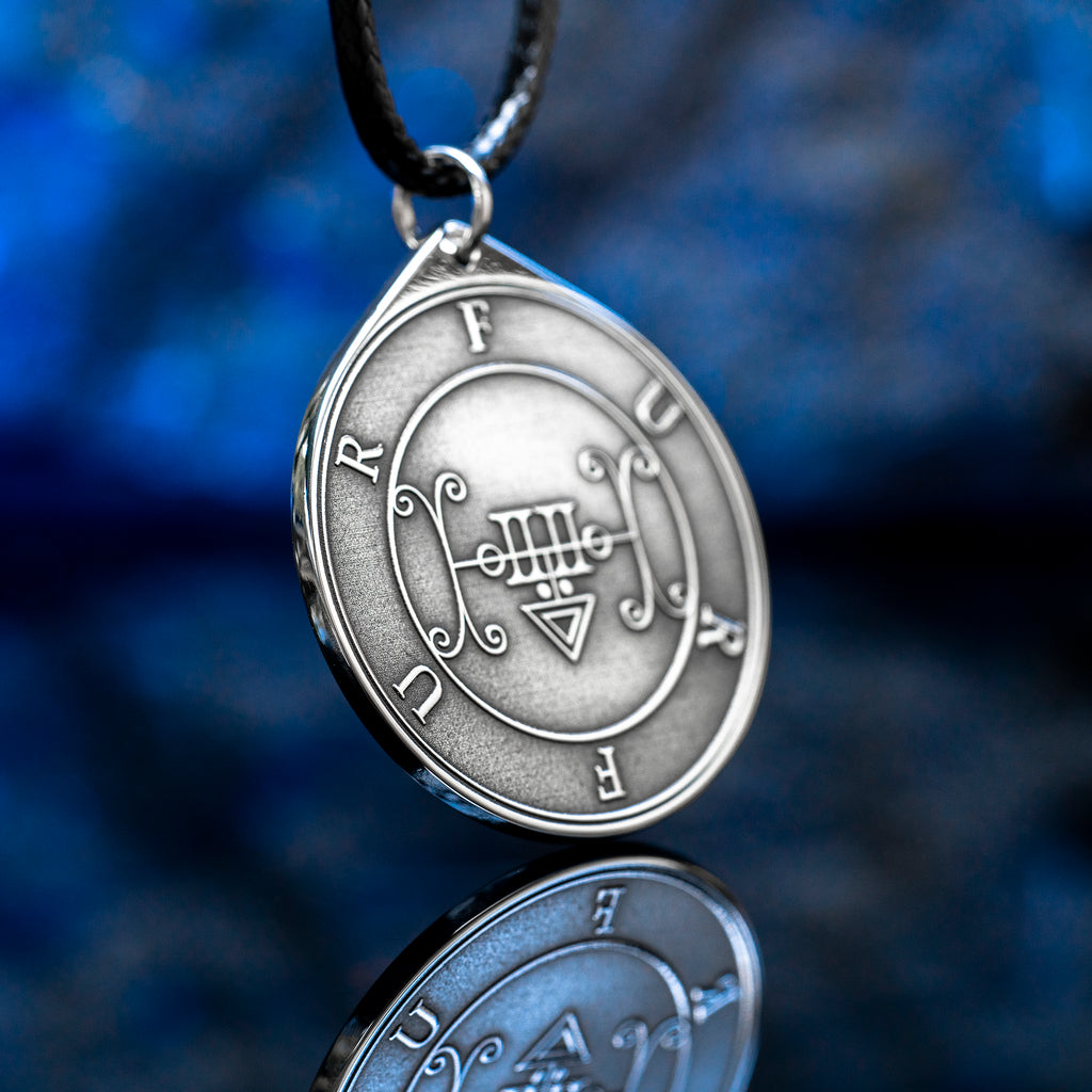 Double-sided Furfur pendant with Ars Goetia seal, storm demon portrait, lightning, thunder, love magic, and occult talisman symbolism