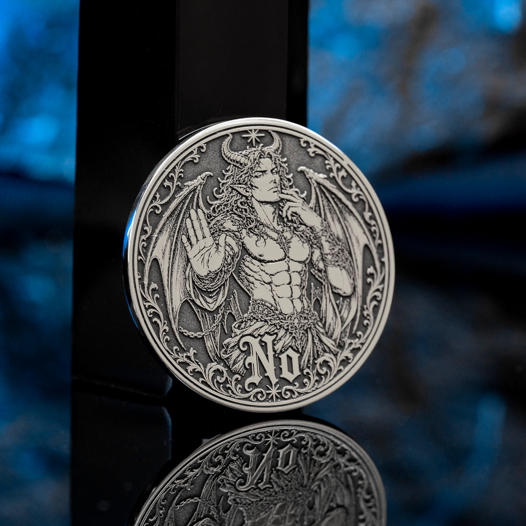 Double-sided angel demon decision coin with Yes and No sides for oracle-style choices