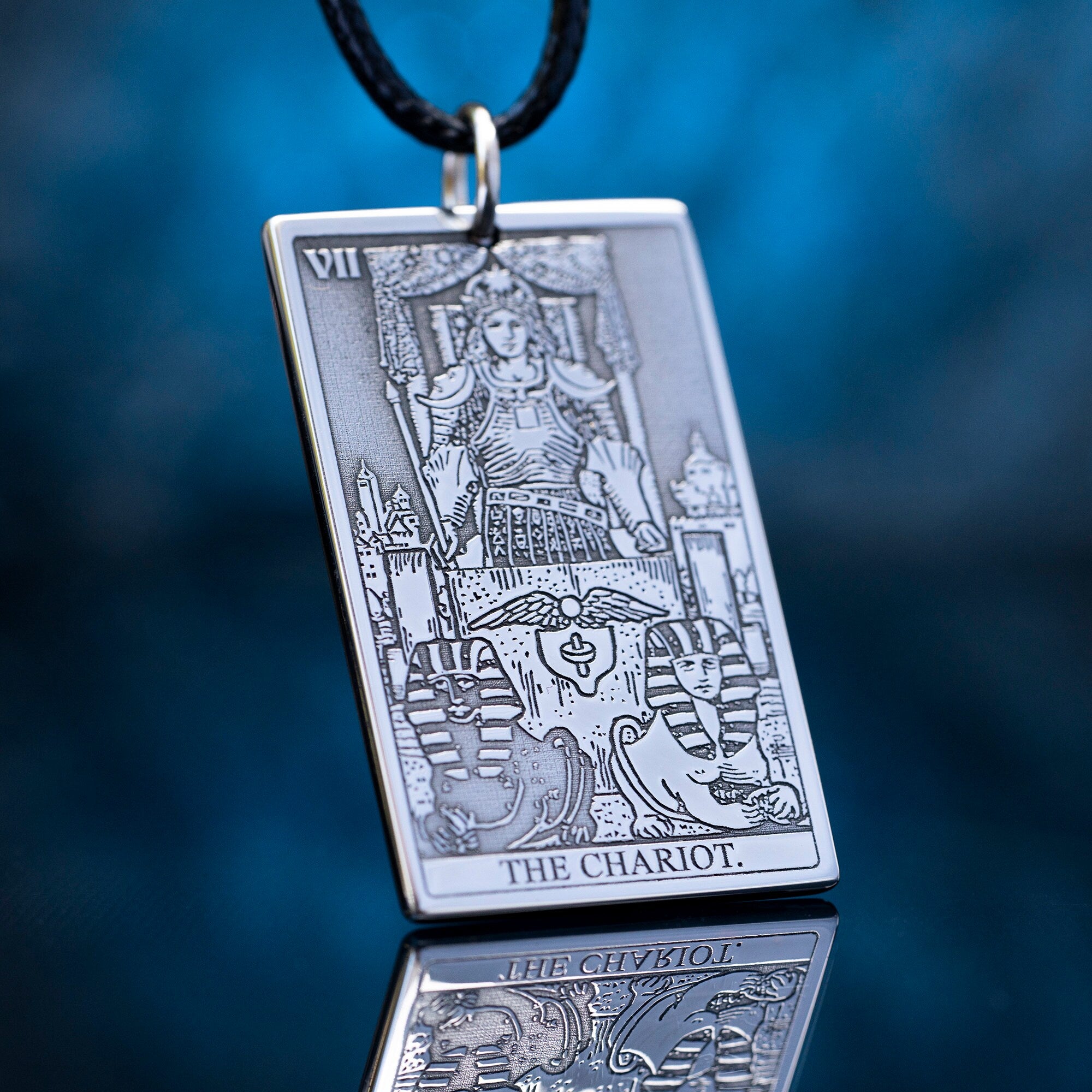 The Chariot Tarot Card Pendant: Stainless Steel Occult Amulet