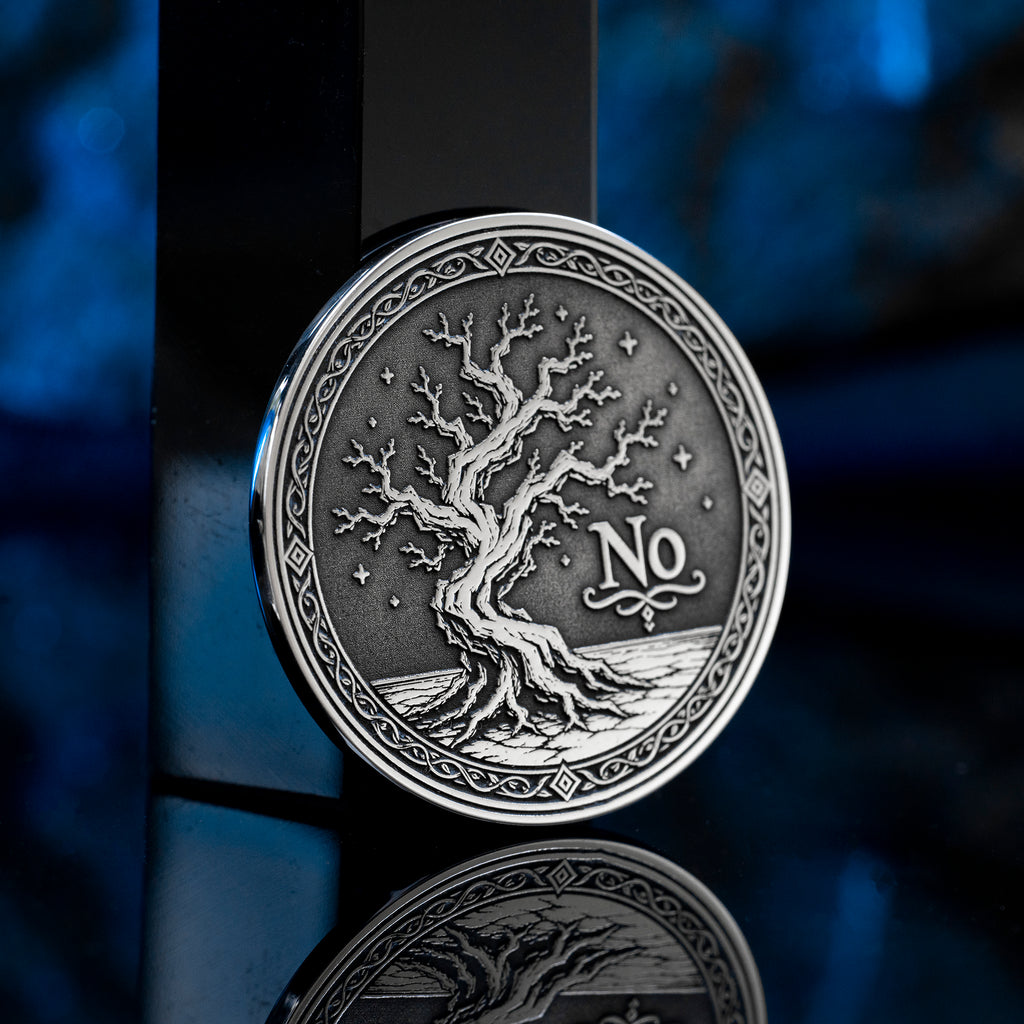 Double-sided tree decision coin with Yes and No sides symbolizing growth, decay, life, and fate