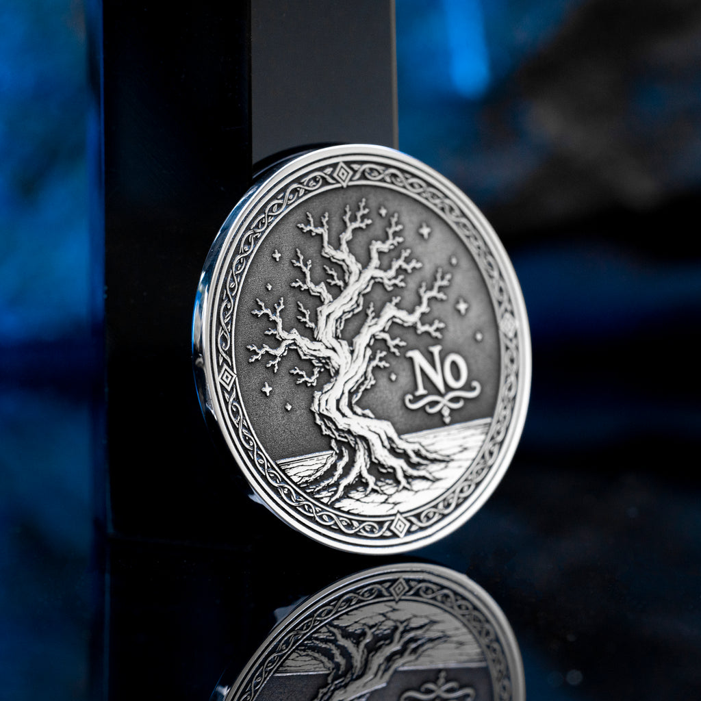 Double-sided tree decision coin with Yes and No sides symbolizing growth, decay, life, and fate