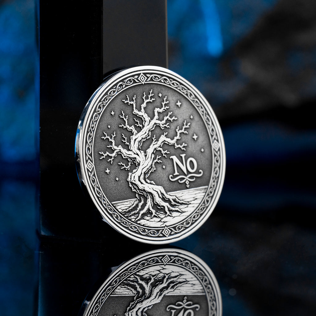 Double-sided tree decision coin with Yes and No sides symbolizing growth, decay, life, and fate
