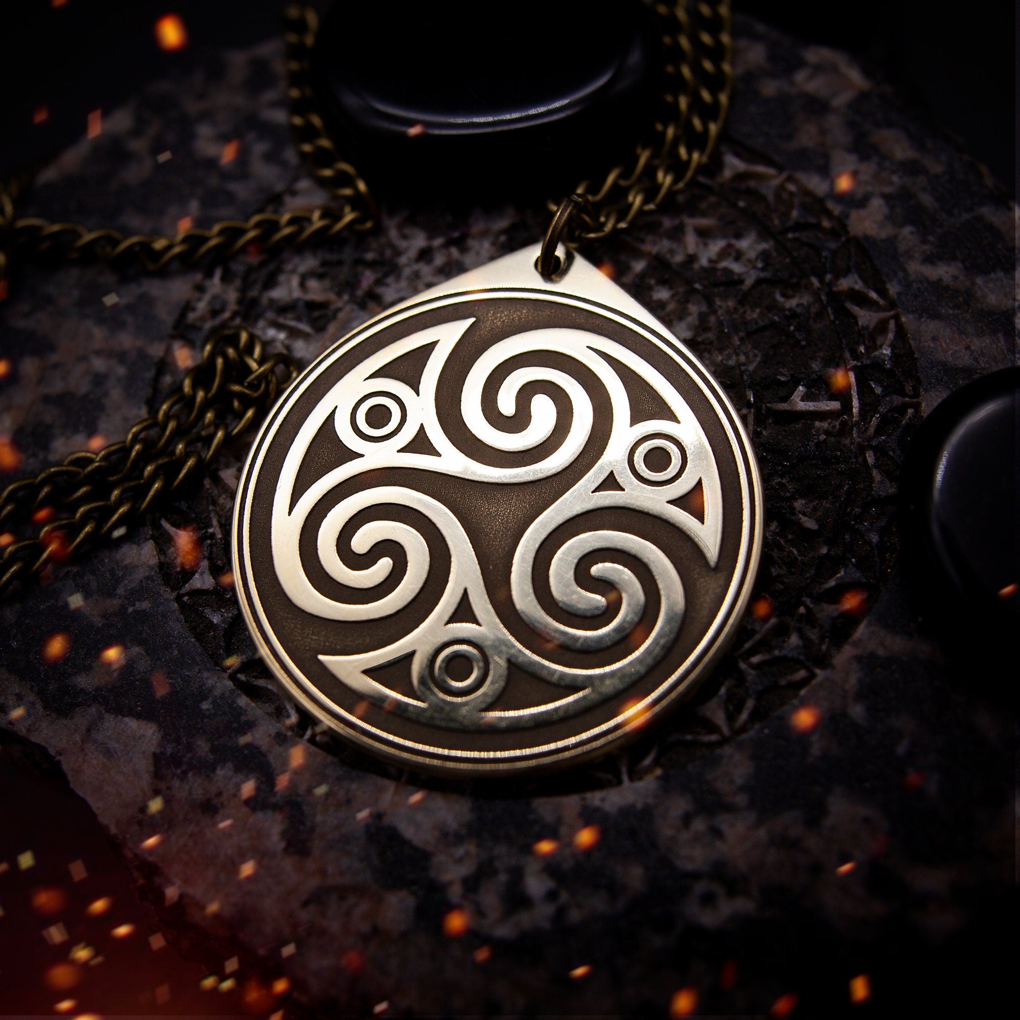 Triskele Pendant: Brass Celtic Triple Spiral Amulet