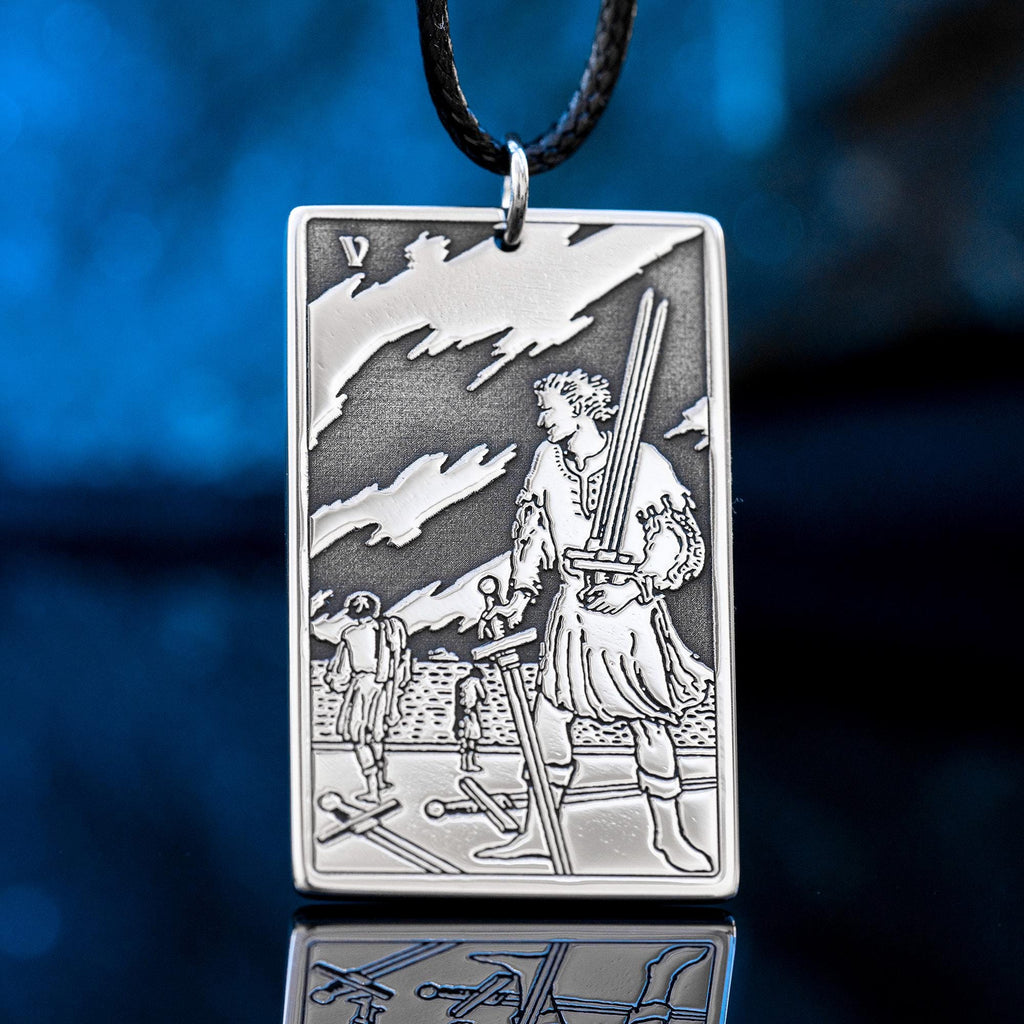 Five of Swords Tarot Card Pendant: Stainless Steel Occult Amulet