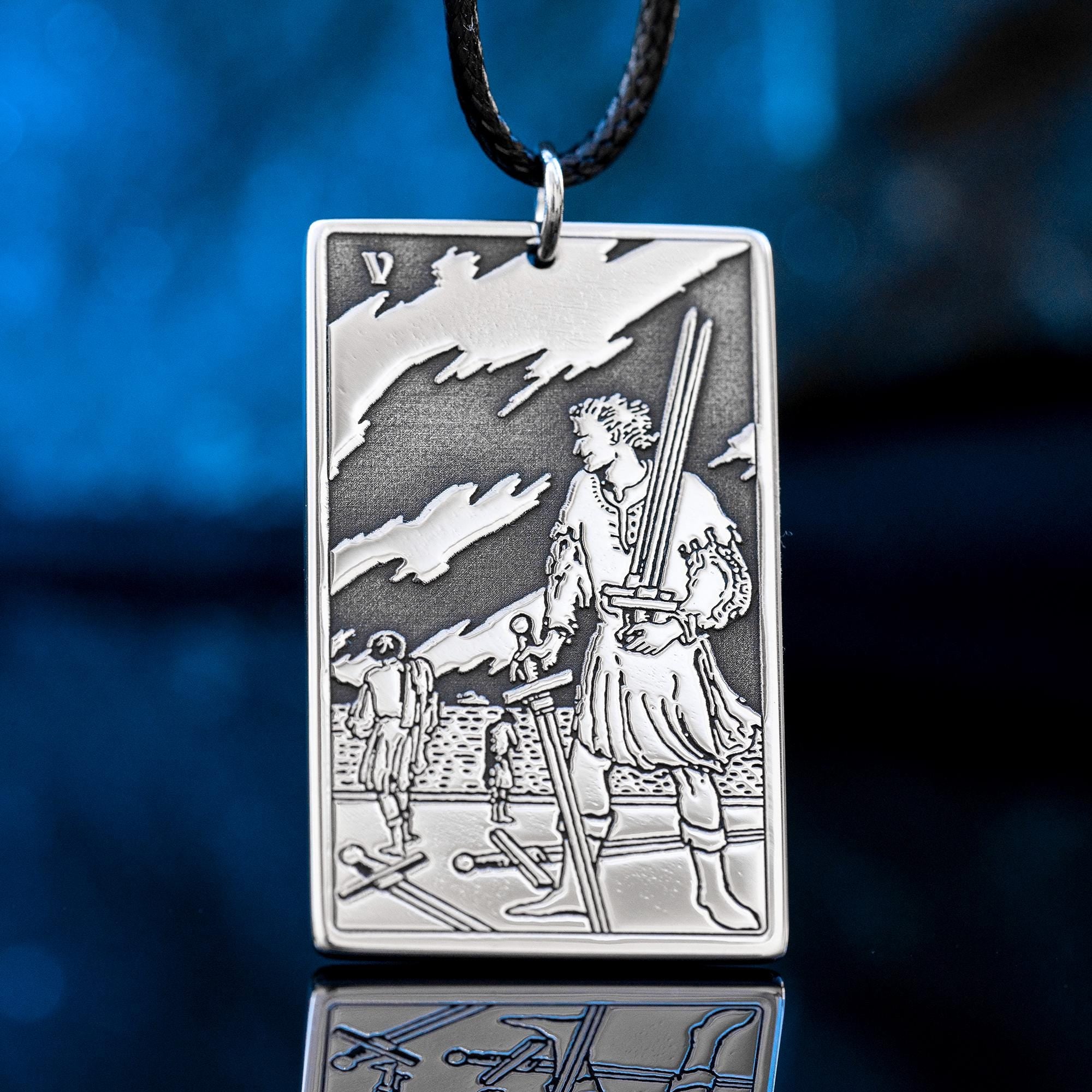 Five of Swords Tarot Card Pendant: Stainless Steel Occult Amulet