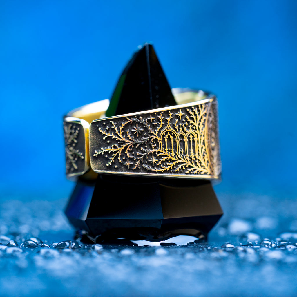 Celestial archangel seal ring with an angelic portal design and thorned vines, inspired by guardian angels, occult talismans, and the path through thorns to the stars