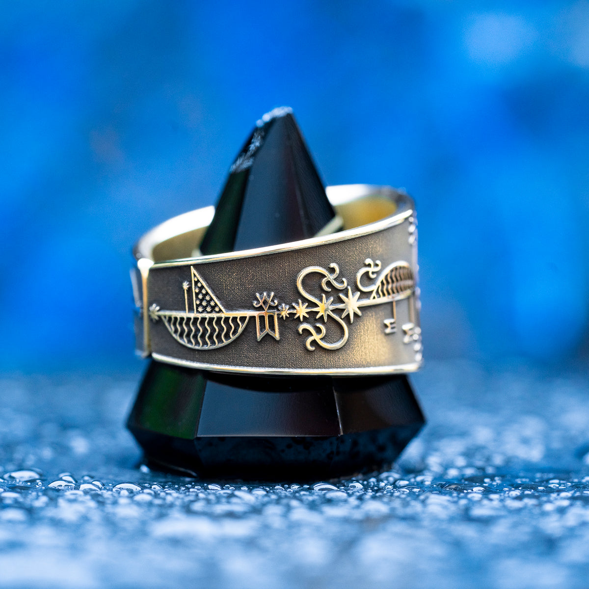 Agwe ring with Haitian Vodou veve symbolism of the sea, sailors, fishermen, ships, ocean protection, safe passage, and spiritual guidance