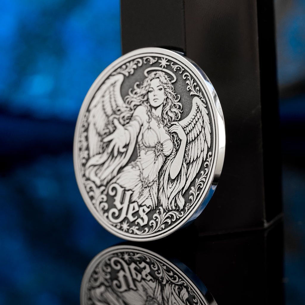 Double-sided angel demon decision coin with Yes and No sides for oracle-style choices