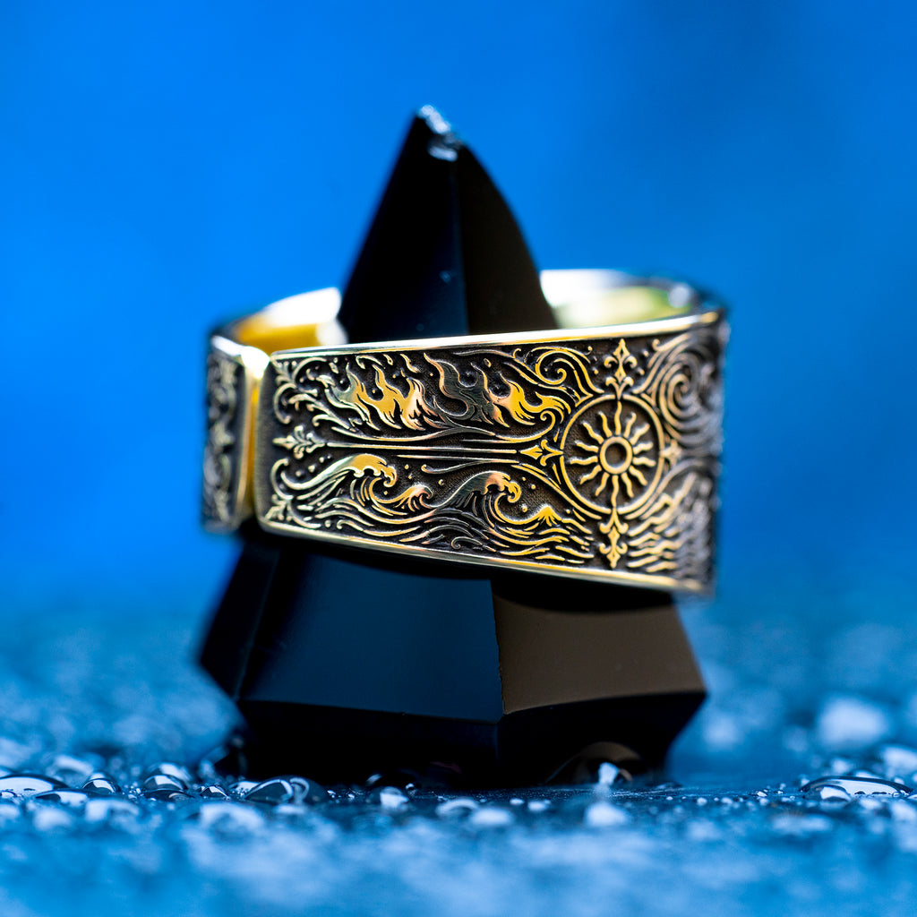 Gothic alchemical ring with Fire, Water, Air, Earth, seven planetary metal symbols, and detailed occult engraving