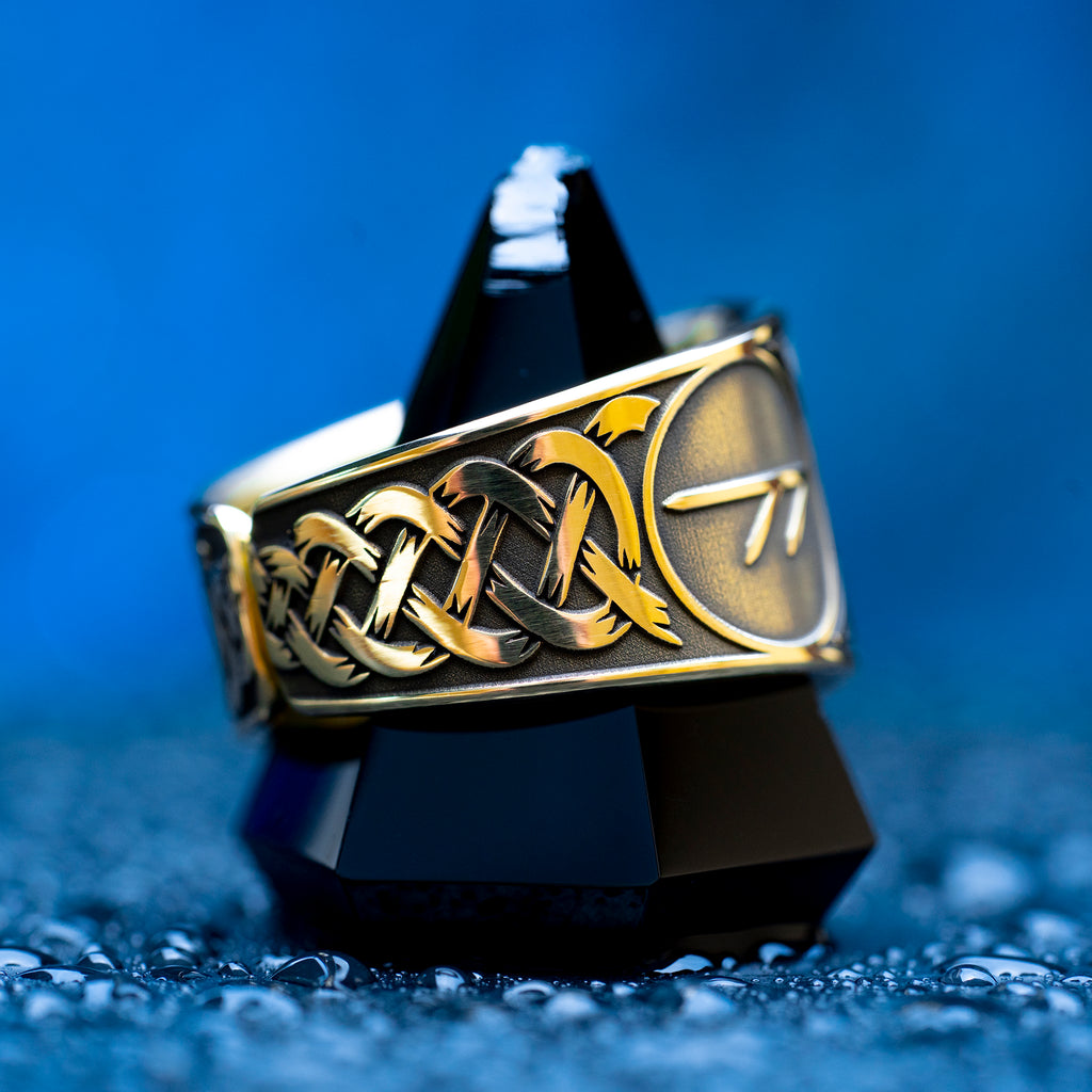 Helm of Awe ring with Ansuz and Algiz runes engraved as a Norse protection talisman