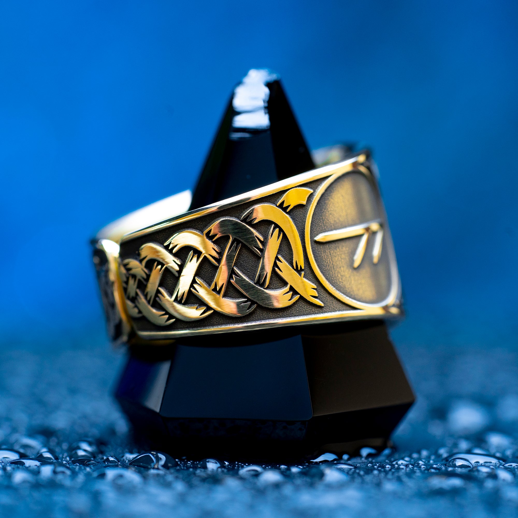 Helm of Awe ring with Ansuz and Algiz runes engraved as a Norse protection talisman