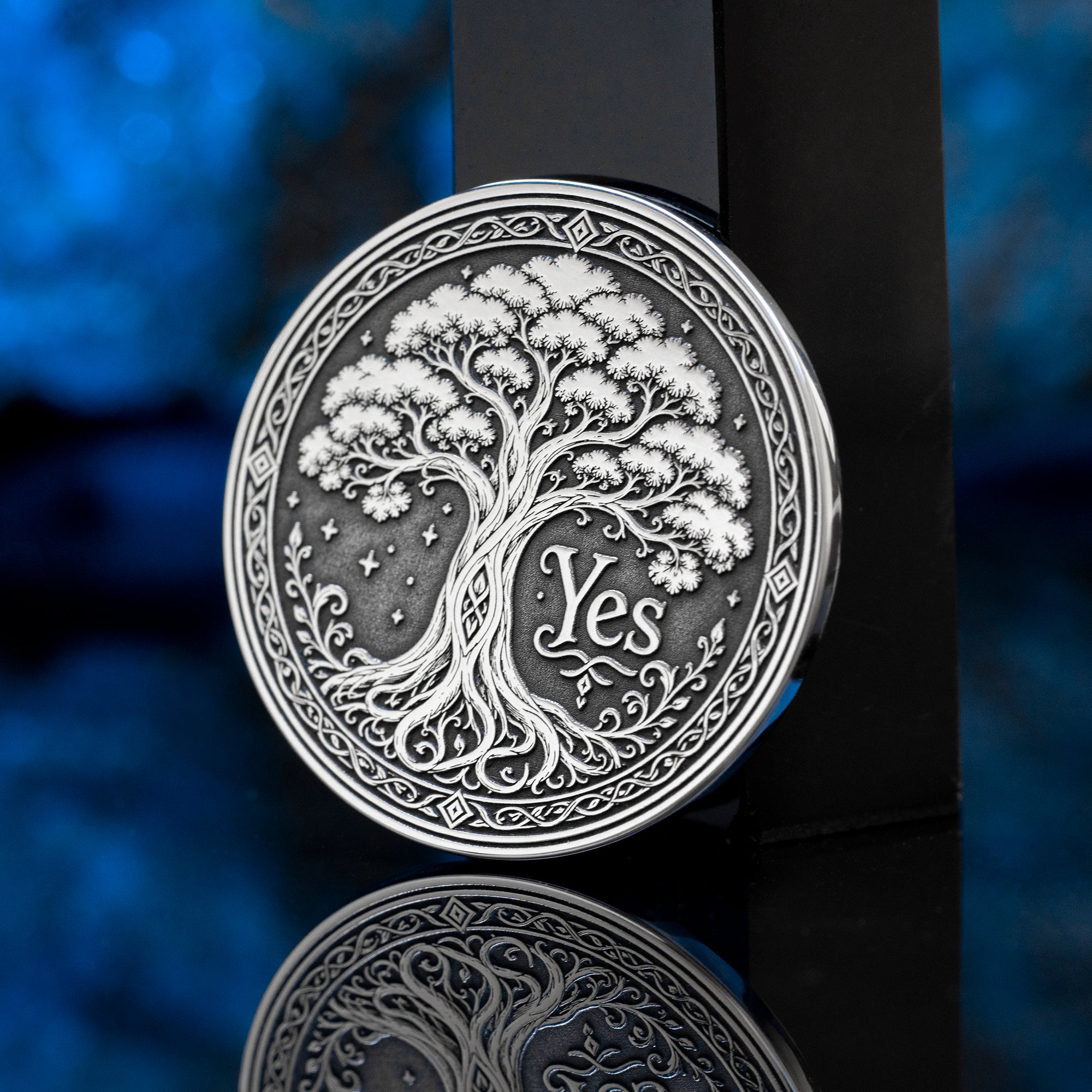 Double-sided tree decision coin with Yes and No sides symbolizing growth, decay, life, and fate