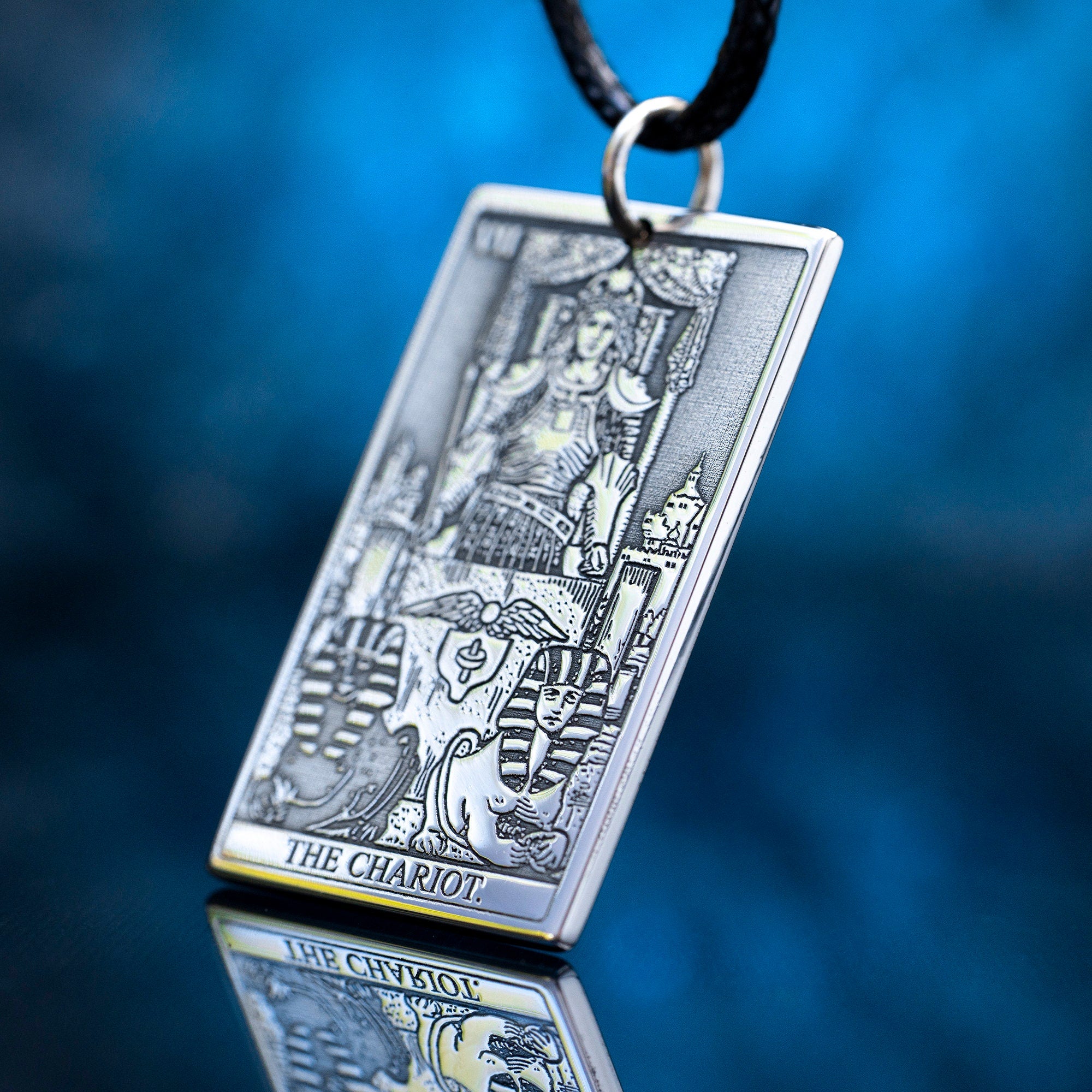 The Chariot Tarot Card Pendant: Stainless Steel Occult Amulet