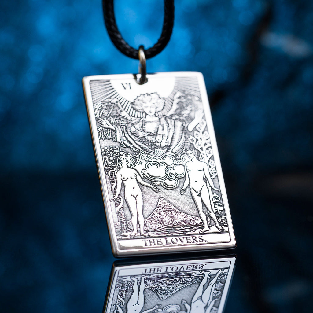 The Lovers Tarot Card Pendant: Stainless Steel Occult Amulet