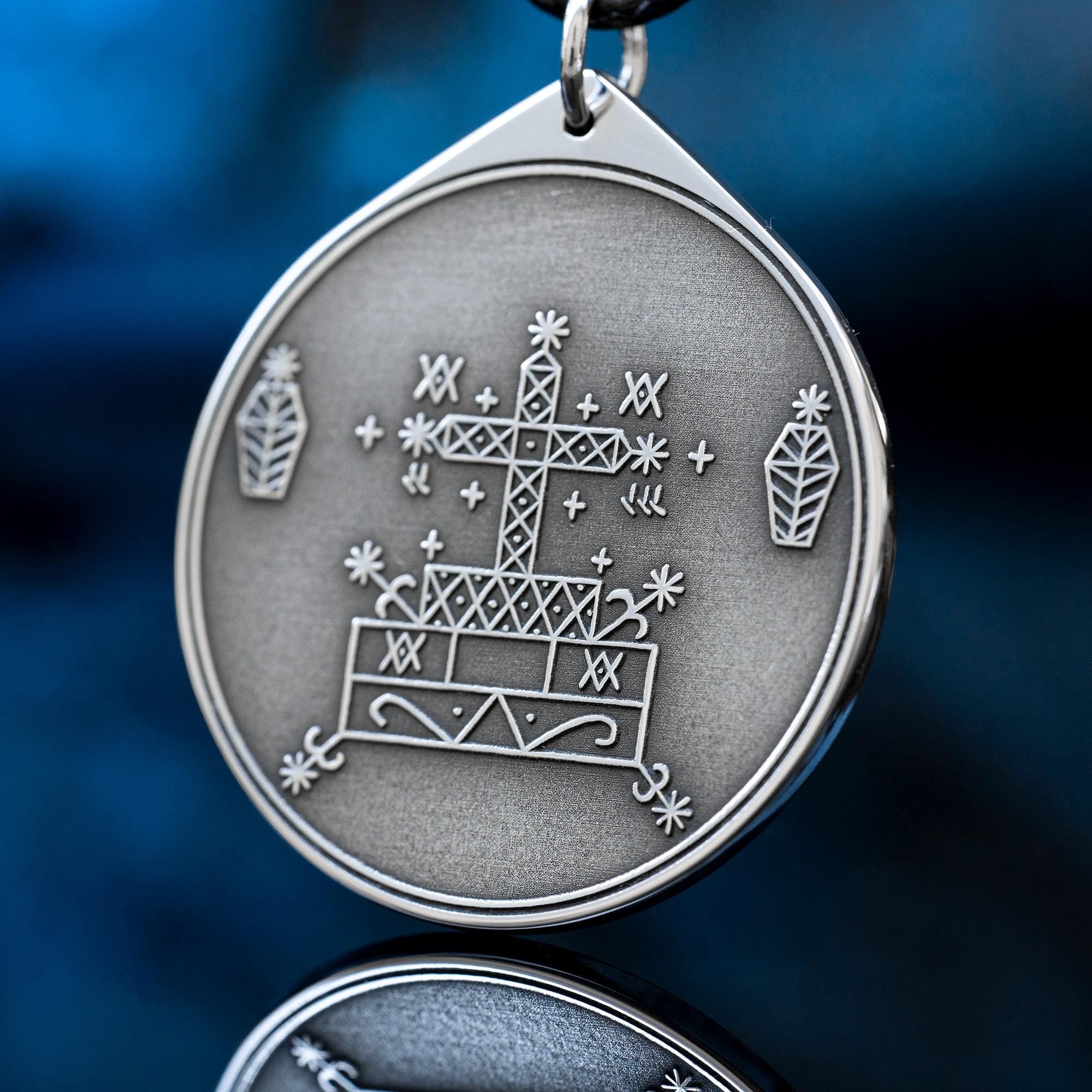 Baron Samedi Veve Amulet Pendant: Vodou Loa Seal, Stainless Steel