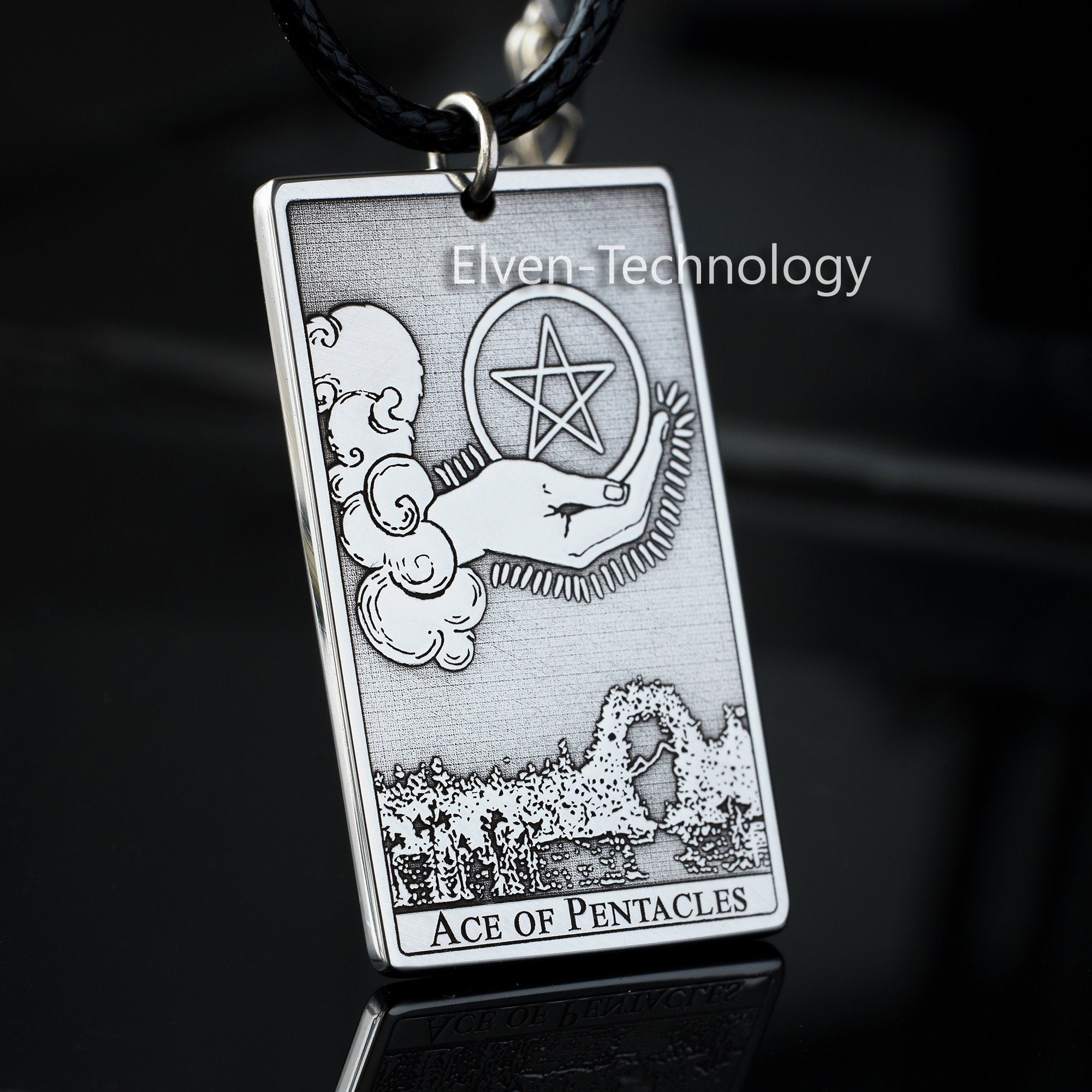 Ace of Pentacles Tarot Card Pendant: Stainless Steel Kabbalah Amulet