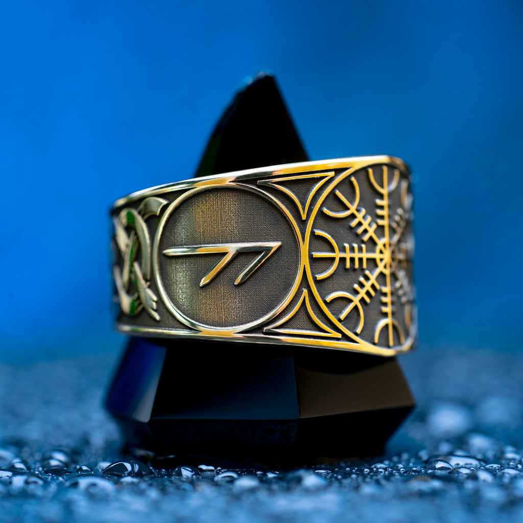 Helm of Awe ring with Ansuz and Algiz runes engraved as a Norse protection talisman
