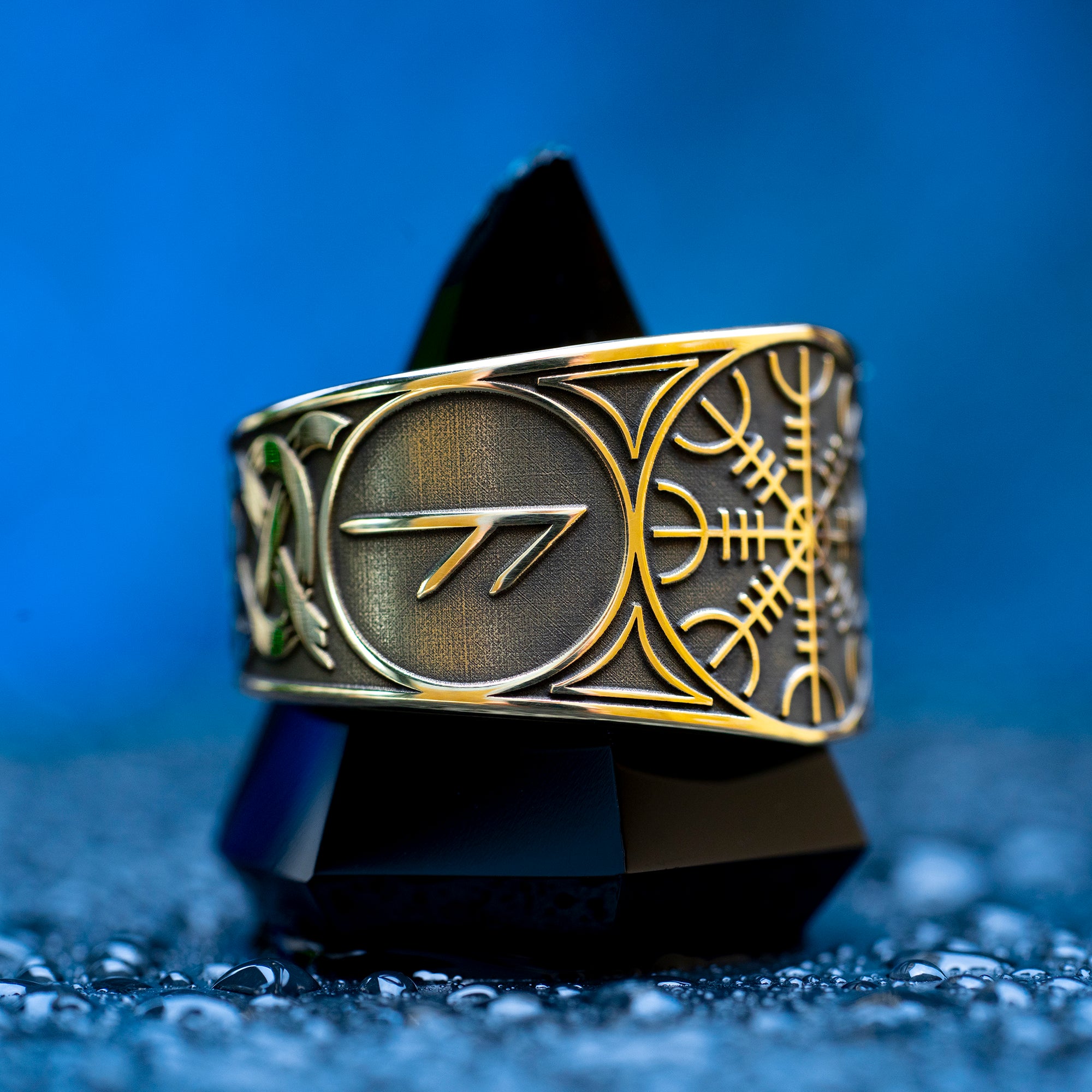 Helm of Awe ring with Ansuz and Algiz runes engraved as a Norse protection talisman