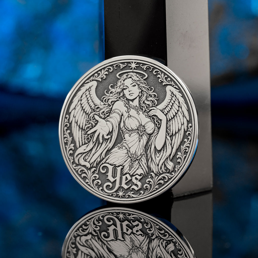 Double-sided angel demon decision coin with Yes and No sides for oracle-style choices