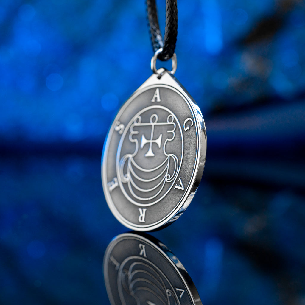 Double-sided Agares pendant with Ars Goetia seal on one side and Agares portrait on the other