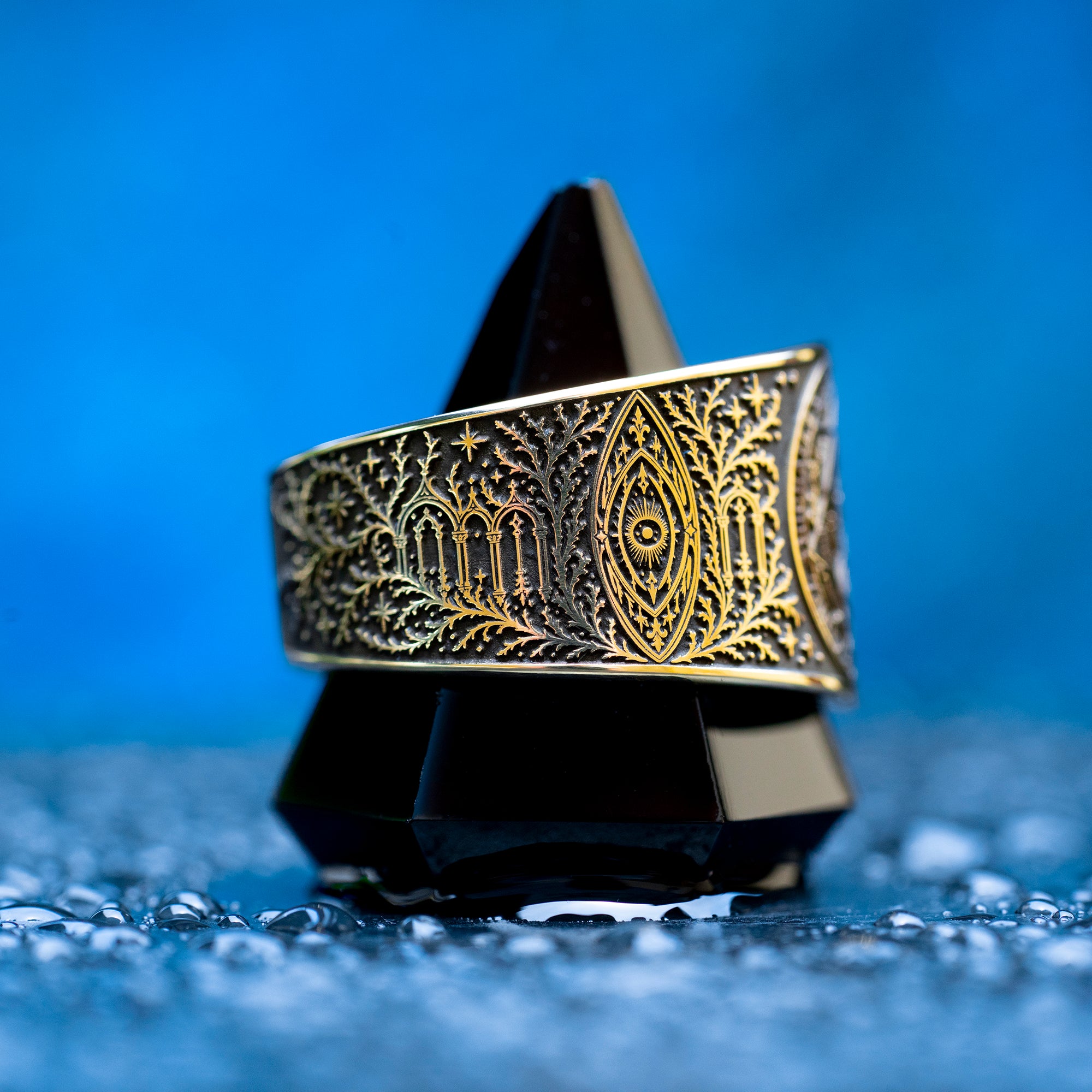 Celestial archangel seal ring with an angelic portal design and thorned vines, inspired by guardian angels, occult talismans, and the path through thorns to the stars