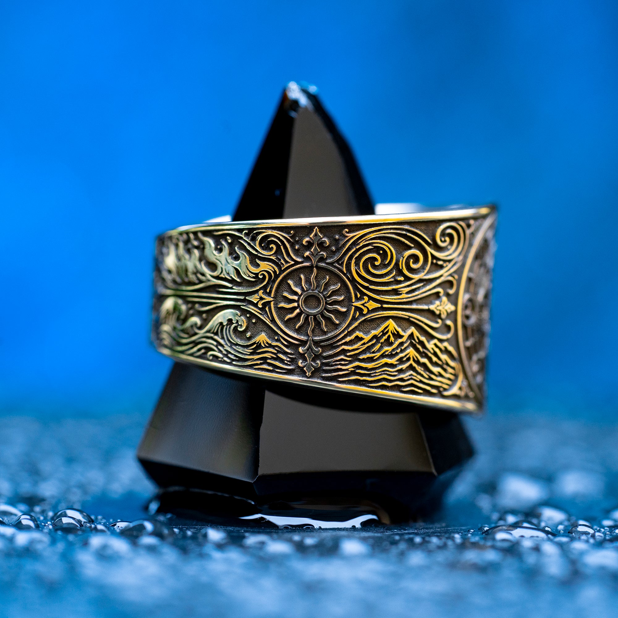 Gothic alchemical ring with Fire, Water, Air, Earth, seven planetary metal symbols, and detailed occult engraving