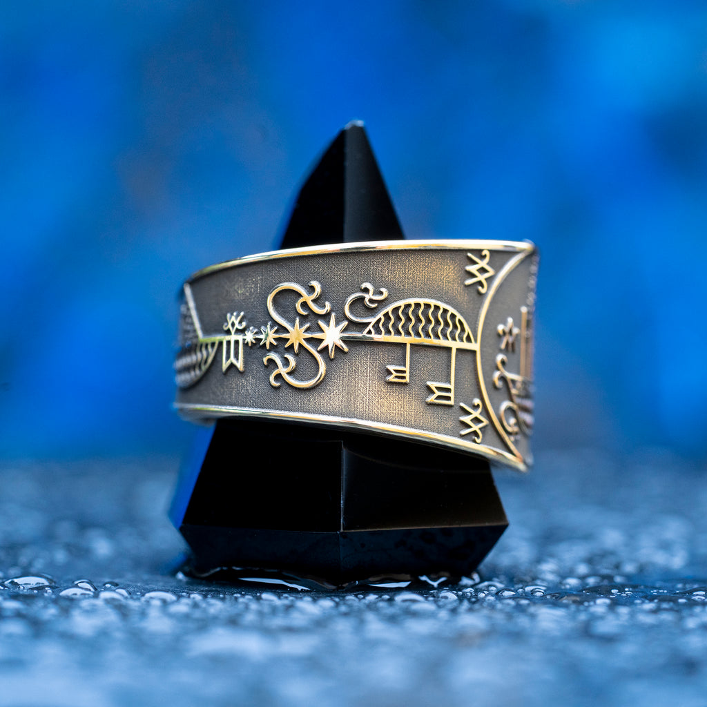 Agwe ring with Haitian Vodou veve symbolism of the sea, sailors, fishermen, ships, ocean protection, safe passage, and spiritual guidance