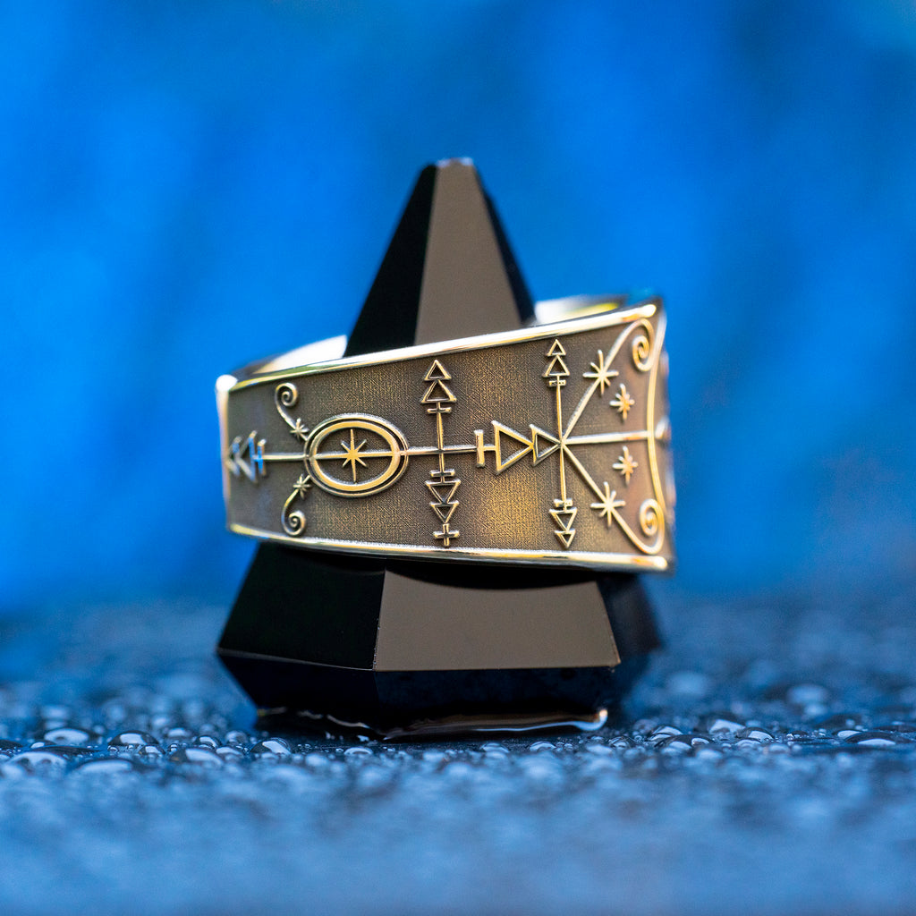 Met Kalfou ring with Vodou veve symbolism of crossroads, night gates, road opening, road closing, and spiritual protection