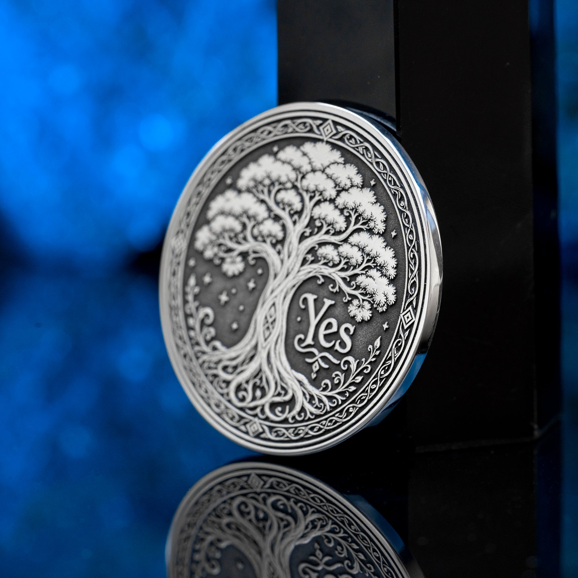 Double-sided tree decision coin with Yes and No sides symbolizing growth, decay, life, and fate