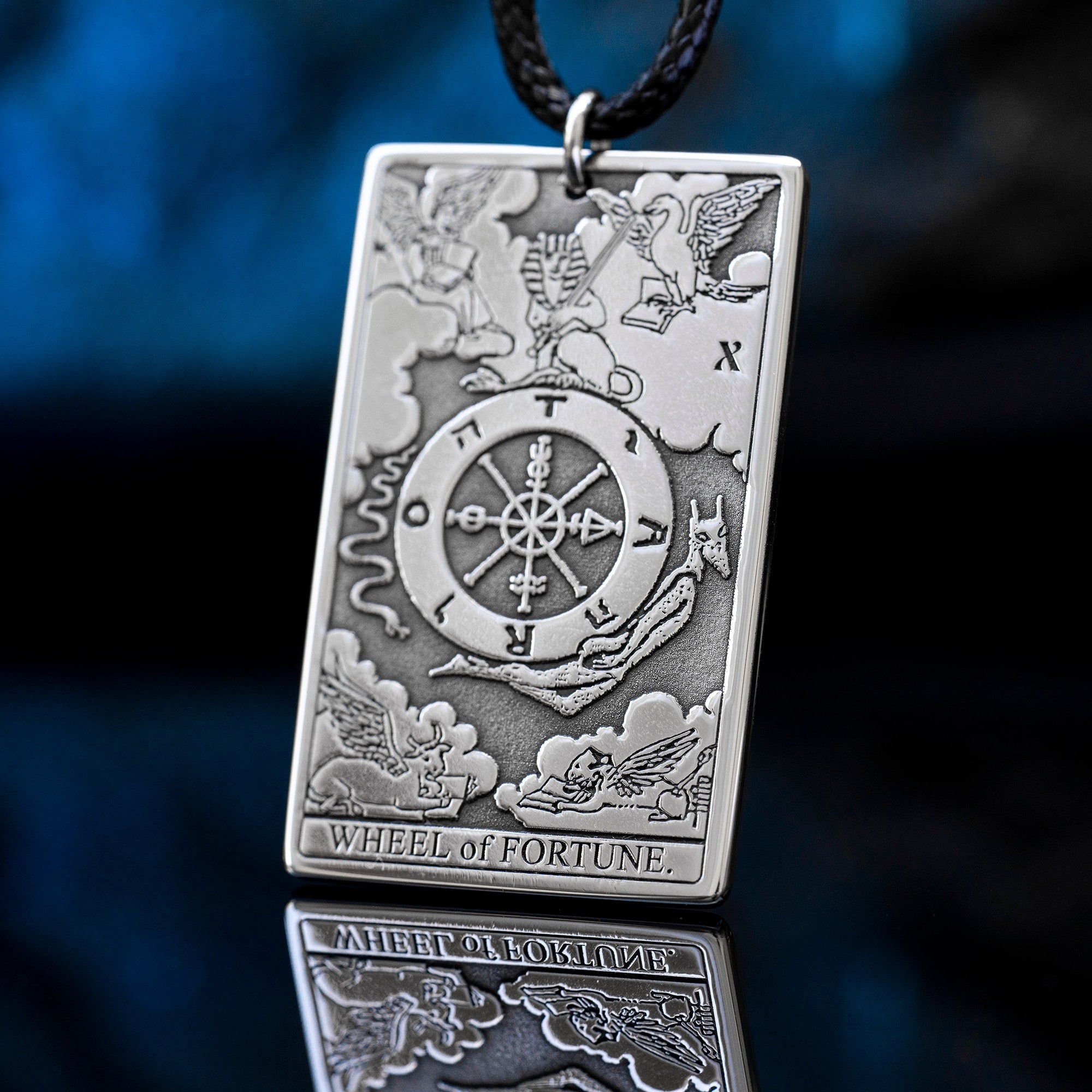 Wheel of Fortune Tarot Card Pendant: Stainless Steel Occult Amulet
