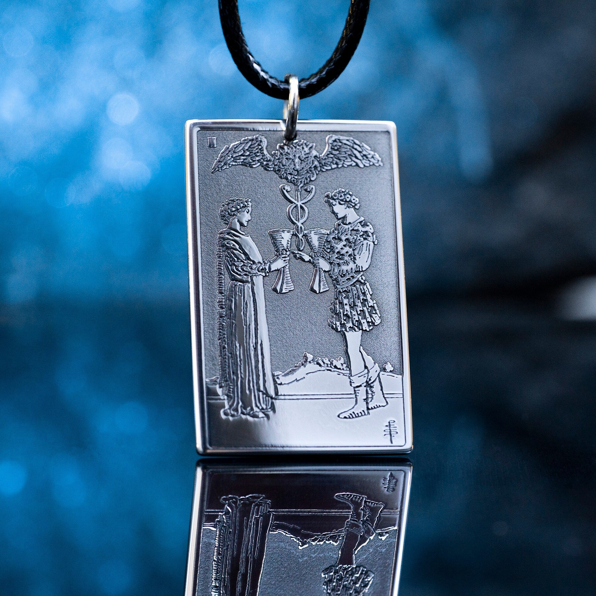 Two of Cups Tarot Card Pendant: Stainless Steel Occult Amulet
