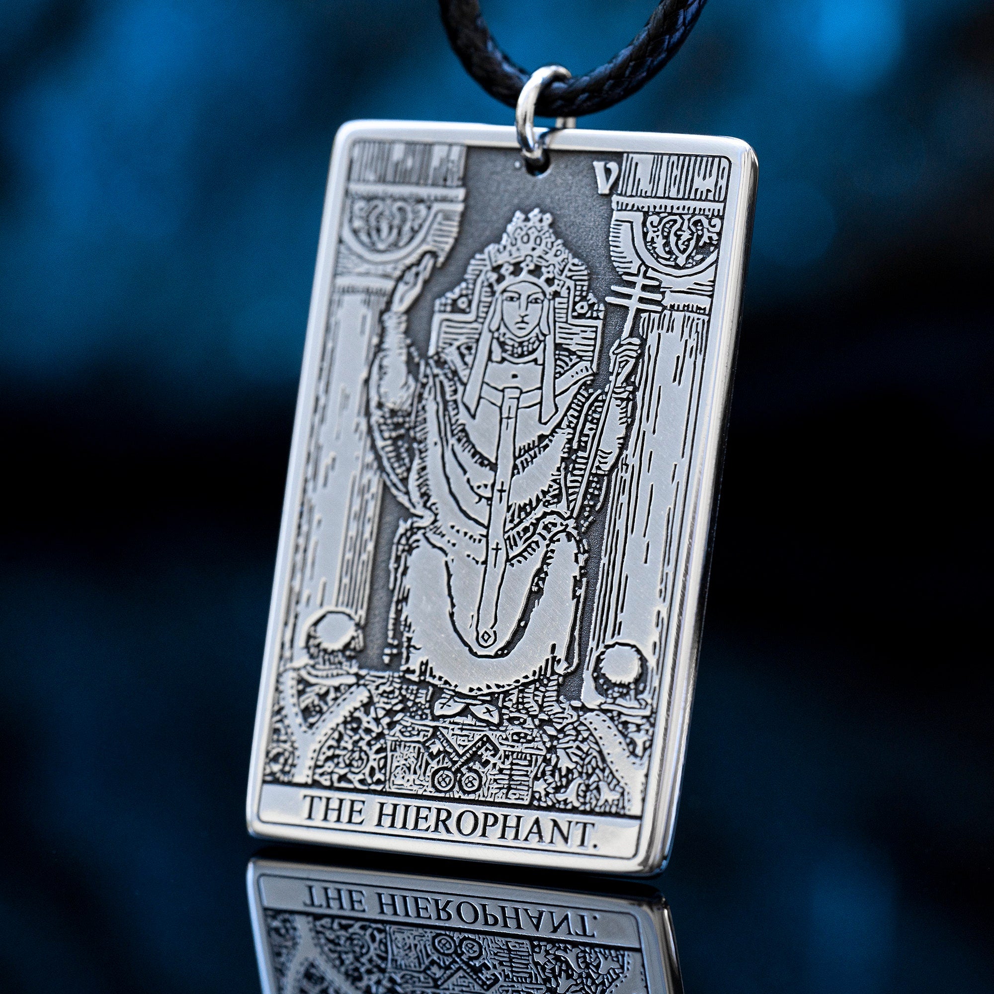 The Hierophant Tarot Card Pendant: Stainless Steel Occult Amulet