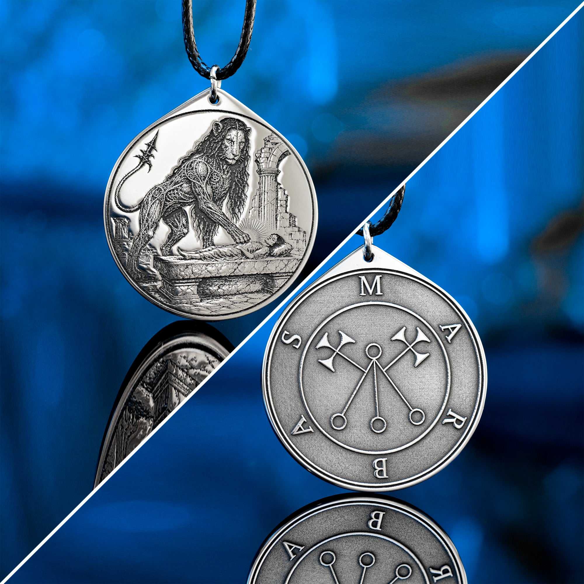 Marbas seal pendant with engraved Ars Goetia sigil associated with healing symbolism, secrets, and mechanical arts.