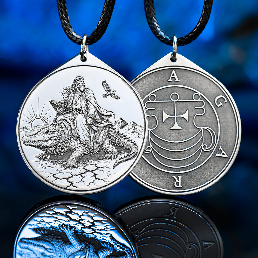 Double-sided Agares pendant with Ars Goetia seal on one side and Agares portrait on the other
