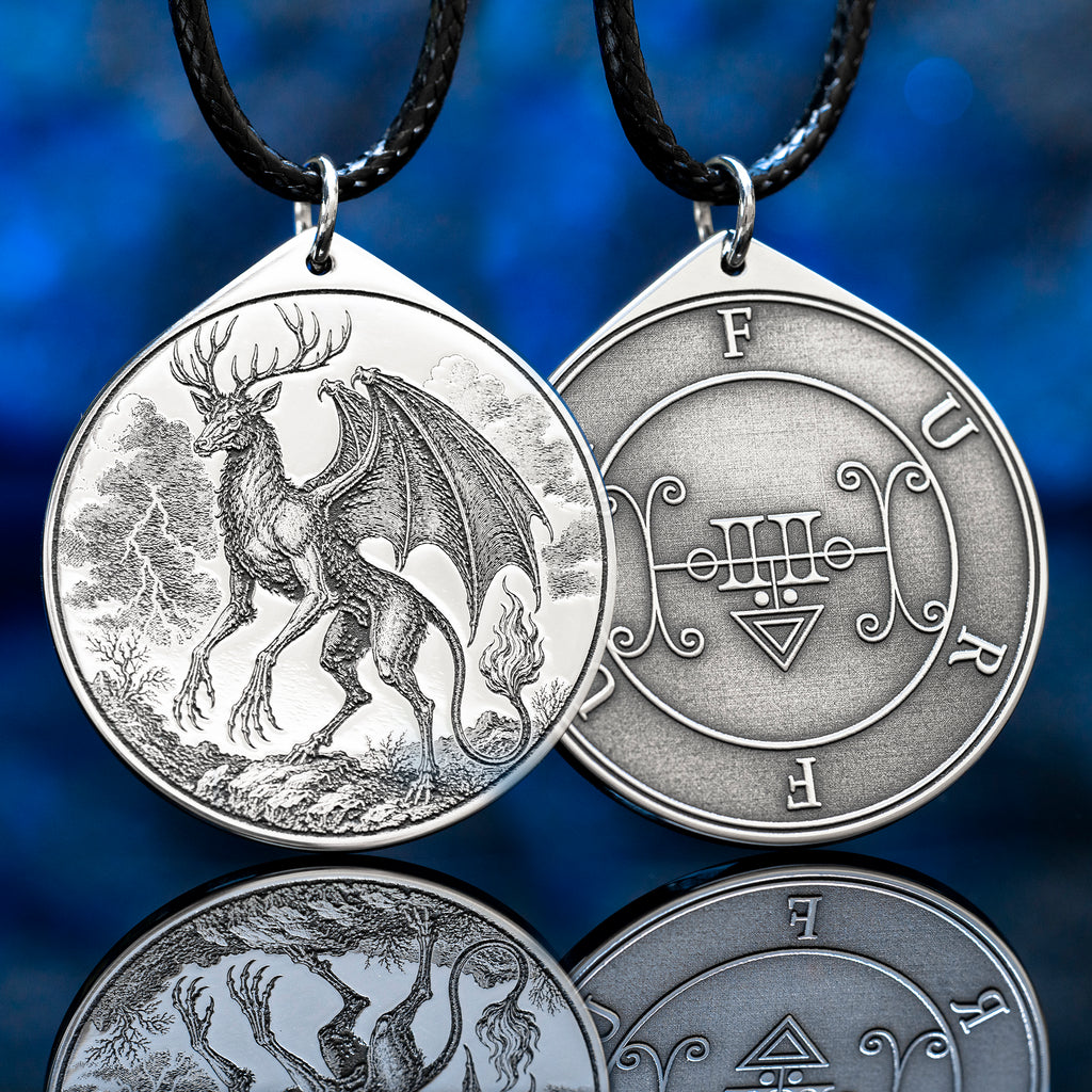 Double-sided Furfur pendant with Ars Goetia seal, storm demon portrait, lightning, thunder, love magic, and occult talisman symbolism