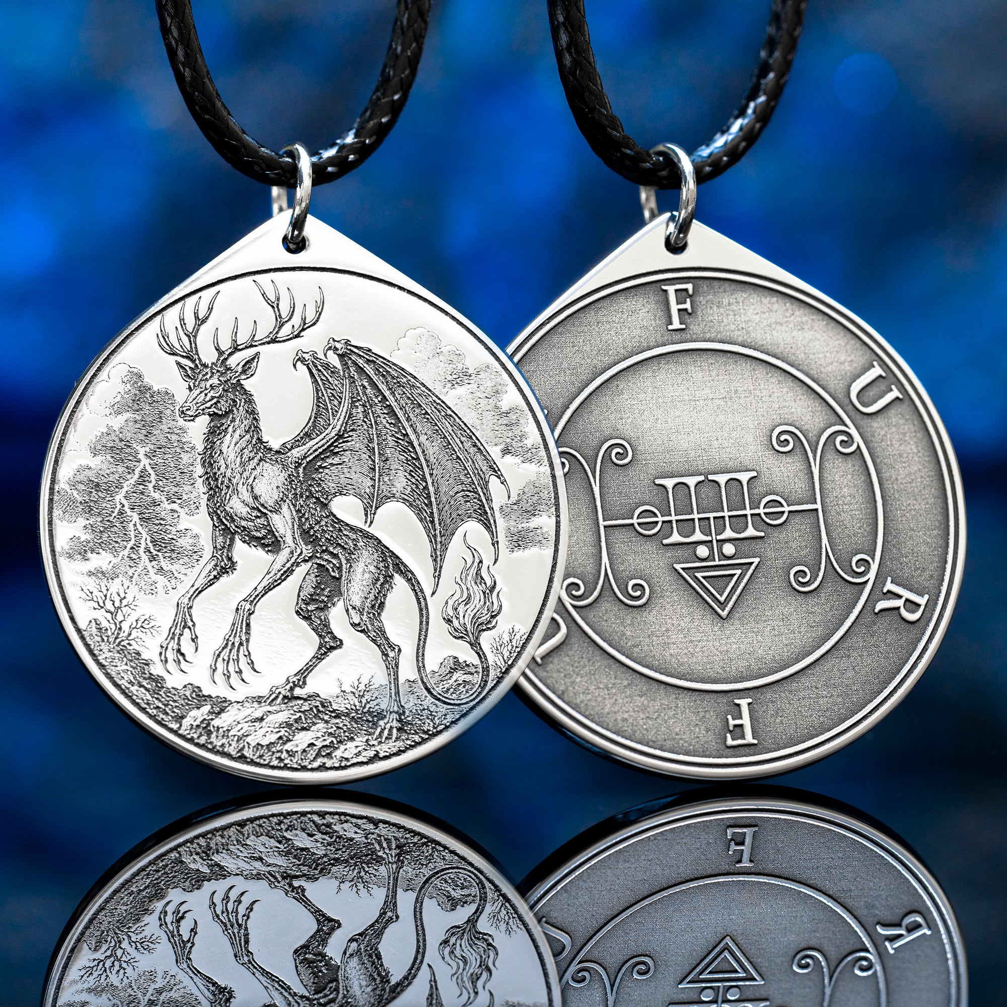 Double-sided Furfur pendant with Ars Goetia seal, storm demon portrait, lightning, thunder, love magic, and occult talisman symbolism