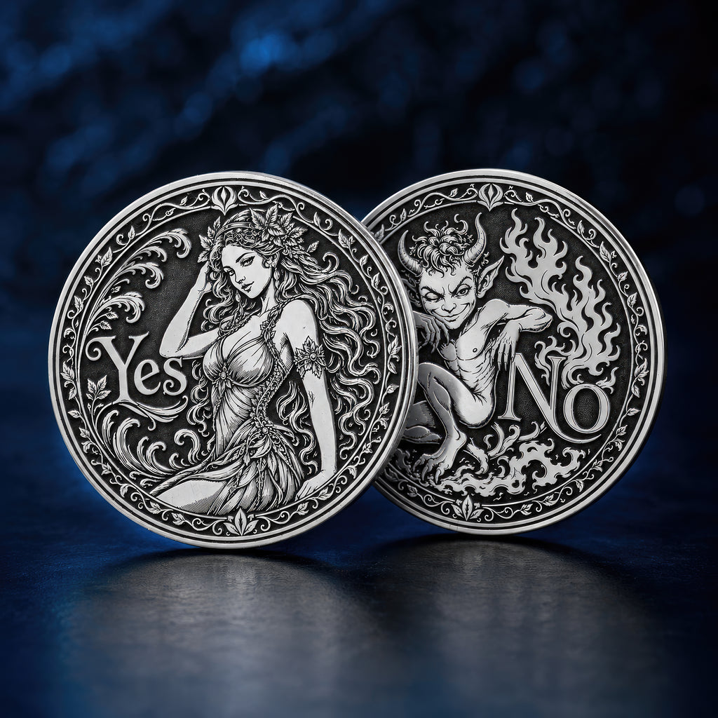 Double-sided fantasy decision coin with a nymph on the Yes side and an imp on the No side
