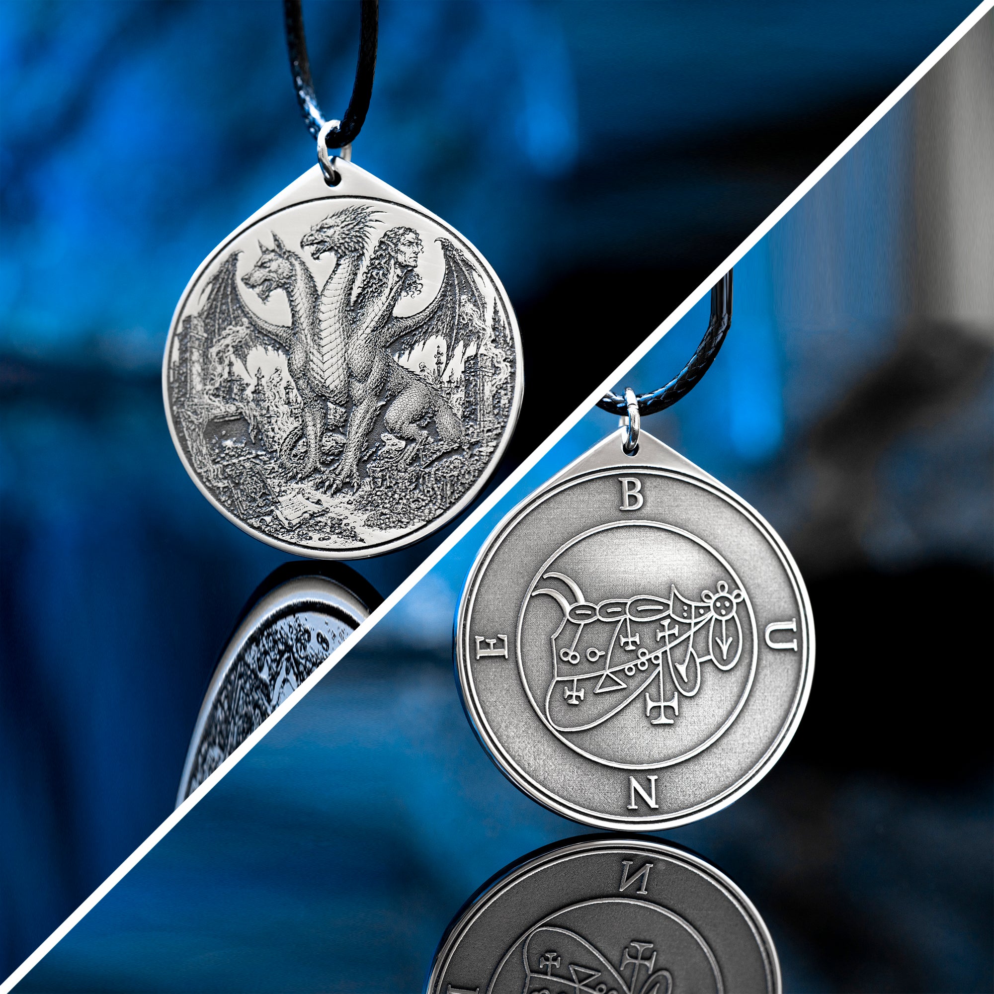 Bune seal pendant with Goetia demon sigil engraved on a dark occult amulet necklace