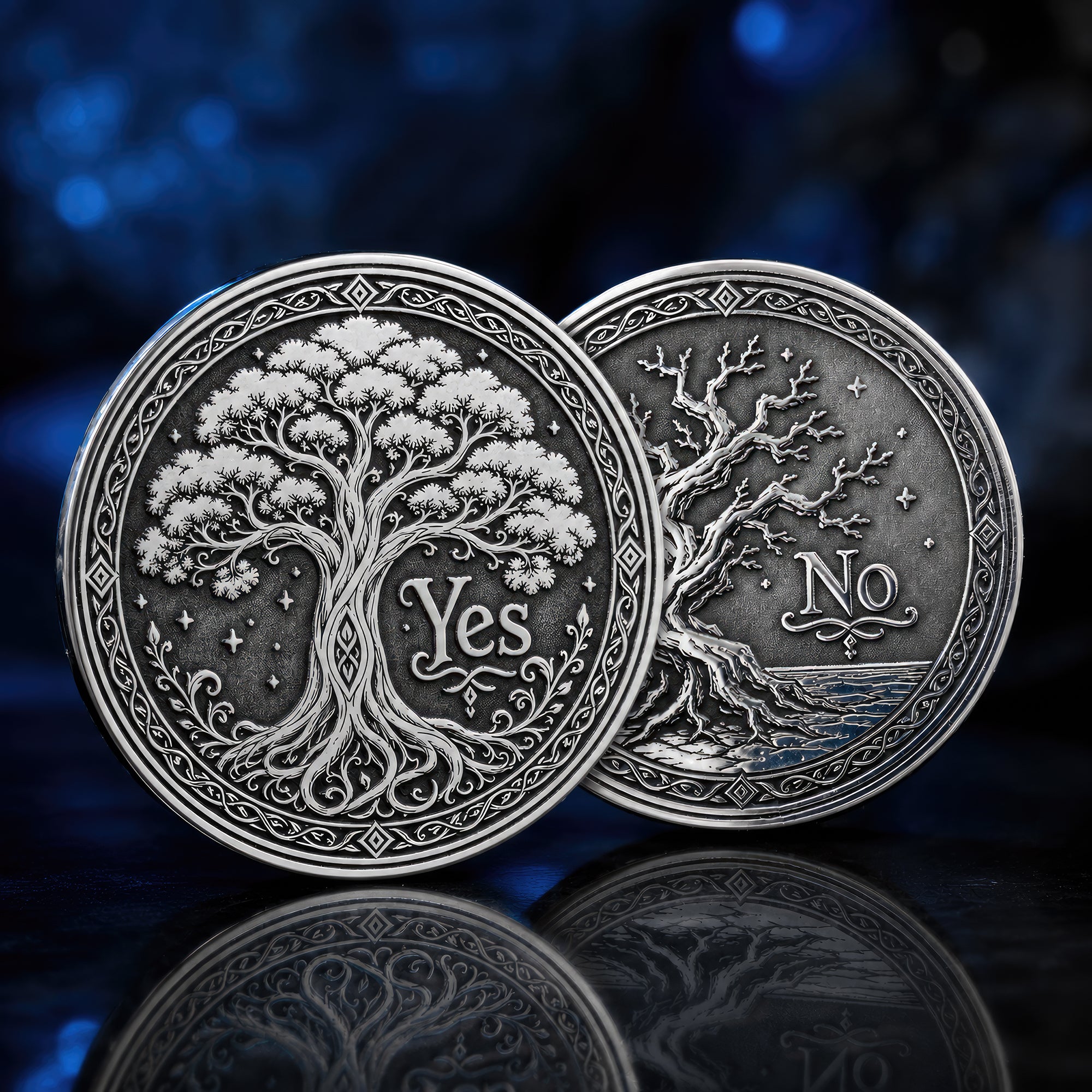 Double-sided tree decision coin with Yes and No sides symbolizing growth, decay, life, and fate