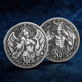 Double-sided angel demon decision coin with Yes and No sides for oracle-style choices